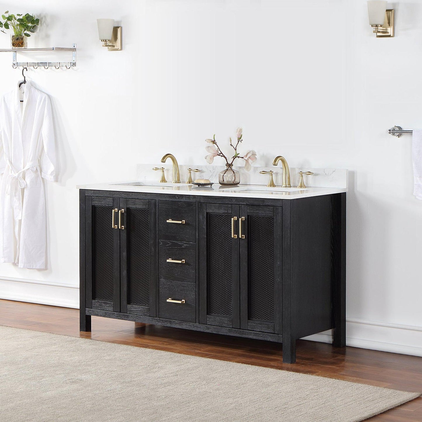 Altair Hadiya 60" Double Black Oak Freestanding Bathroom Vanity Set With Elegant Aosta White Composite Stone Top, Two Rectangular Undermount Ceramic Sinks, Overflow, and Backsplash