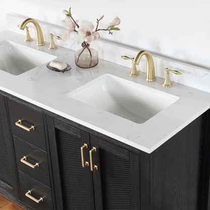 Altair Hadiya 60" Double Black Oak Freestanding Bathroom Vanity Set With Elegant Aosta White Composite Stone Top, Two Rectangular Undermount Ceramic Sinks, Overflow, and Backsplash