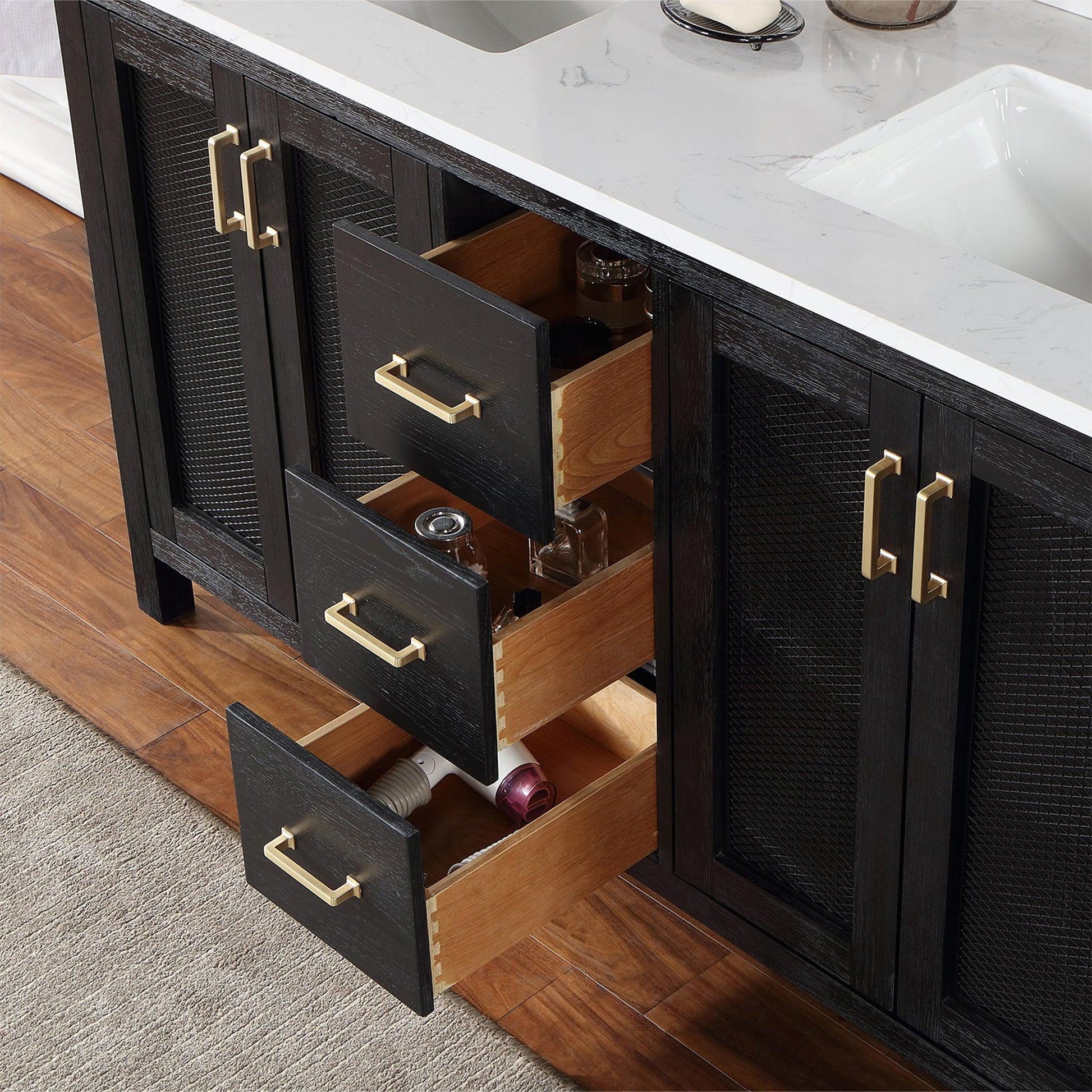 Altair Hadiya 60" Double Black Oak Freestanding Bathroom Vanity Set With Elegant Aosta White Composite Stone Top, Two Rectangular Undermount Ceramic Sinks, Overflow, and Backsplash