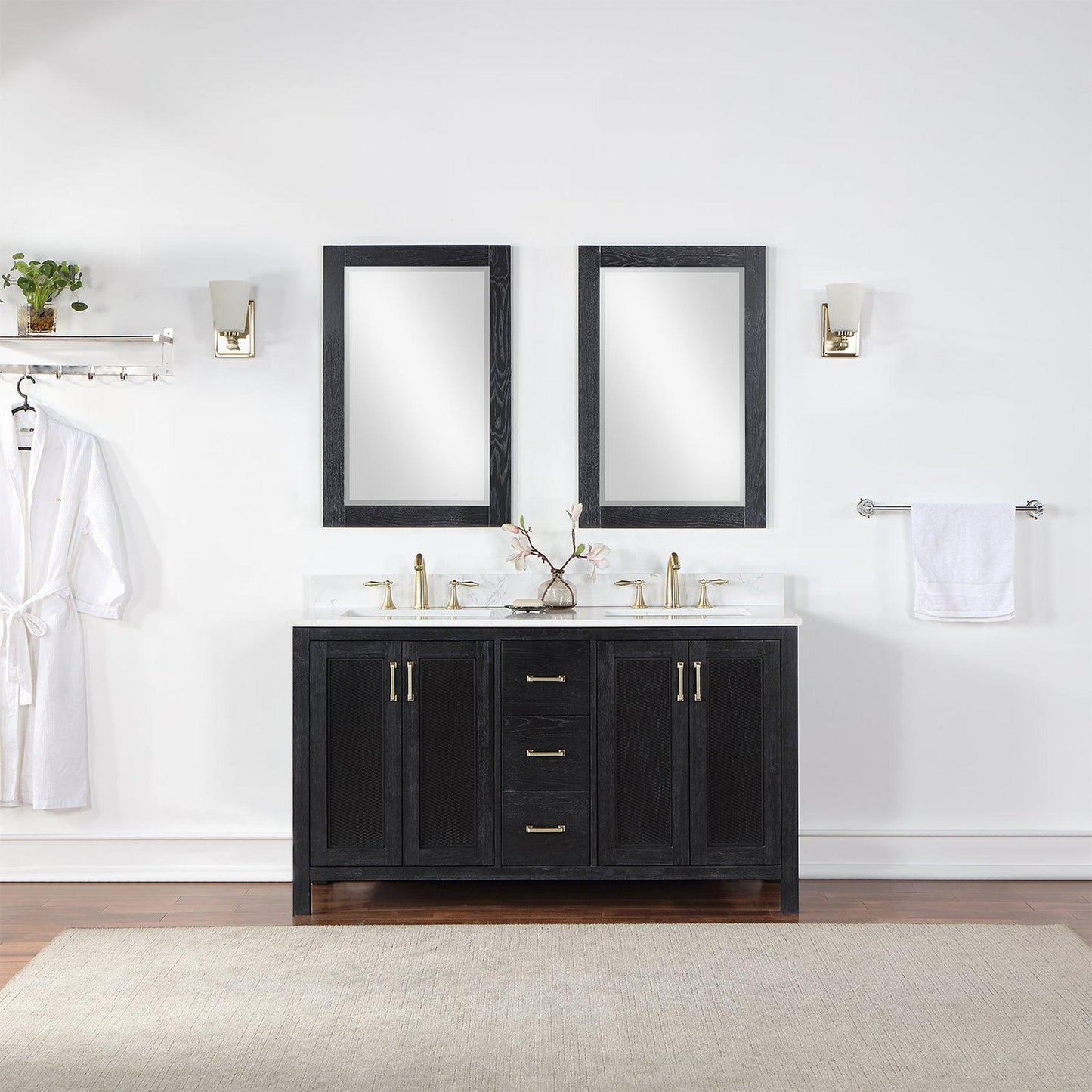 Altair Hadiya 60" Double Black Oak Freestanding Bathroom Vanity Set With Mirror, Elegant Aosta White Composite Stone Top, Two Rectangular Undermount Ceramic Sinks, Overflow, and Backsplash