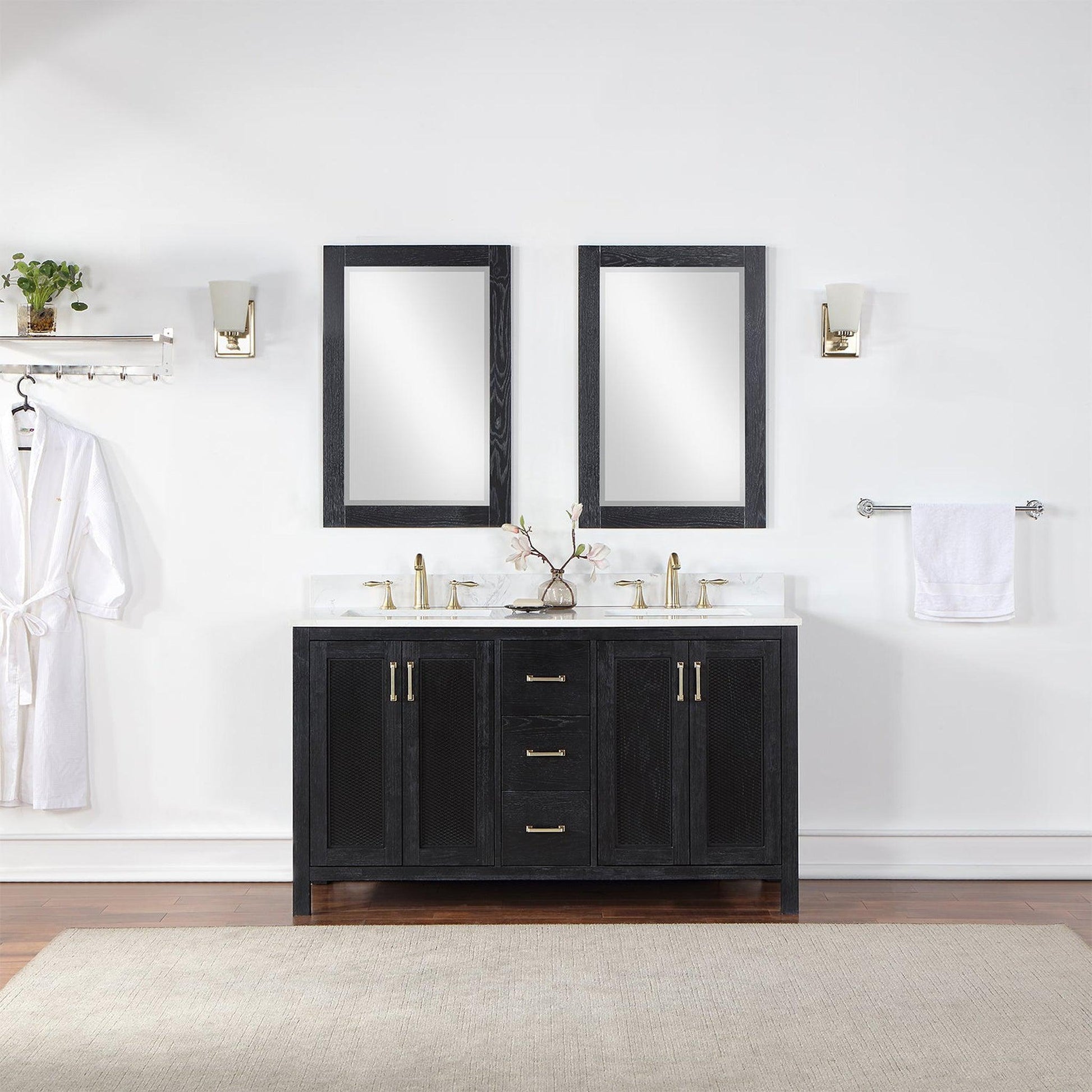 Altair Hadiya 60" Double Black Oak Freestanding Bathroom Vanity Set With Mirror, Elegant Aosta White Composite Stone Top, Two Rectangular Undermount Ceramic Sinks, Overflow, and Backsplash