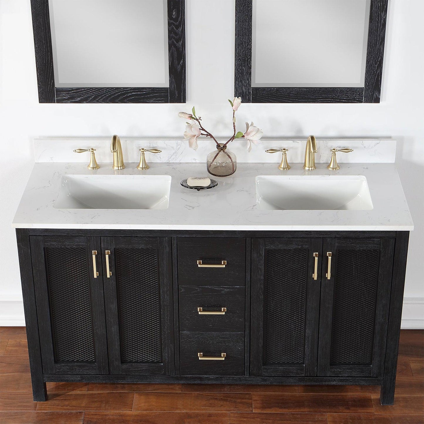 Altair Hadiya 60" Double Black Oak Freestanding Bathroom Vanity Set With Mirror, Elegant Aosta White Composite Stone Top, Two Rectangular Undermount Ceramic Sinks, Overflow, and Backsplash
