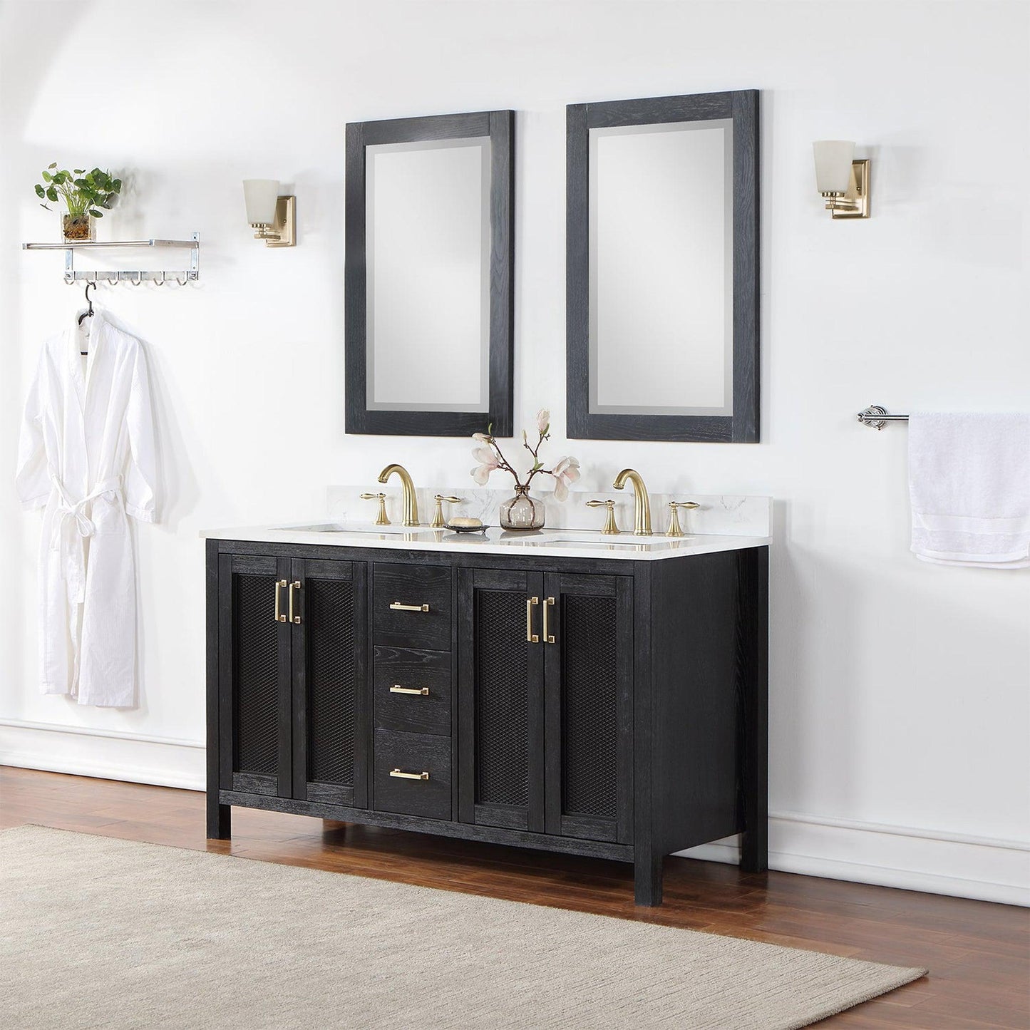 Altair Hadiya 60" Double Black Oak Freestanding Bathroom Vanity Set With Mirror, Elegant Aosta White Composite Stone Top, Two Rectangular Undermount Ceramic Sinks, Overflow, and Backsplash