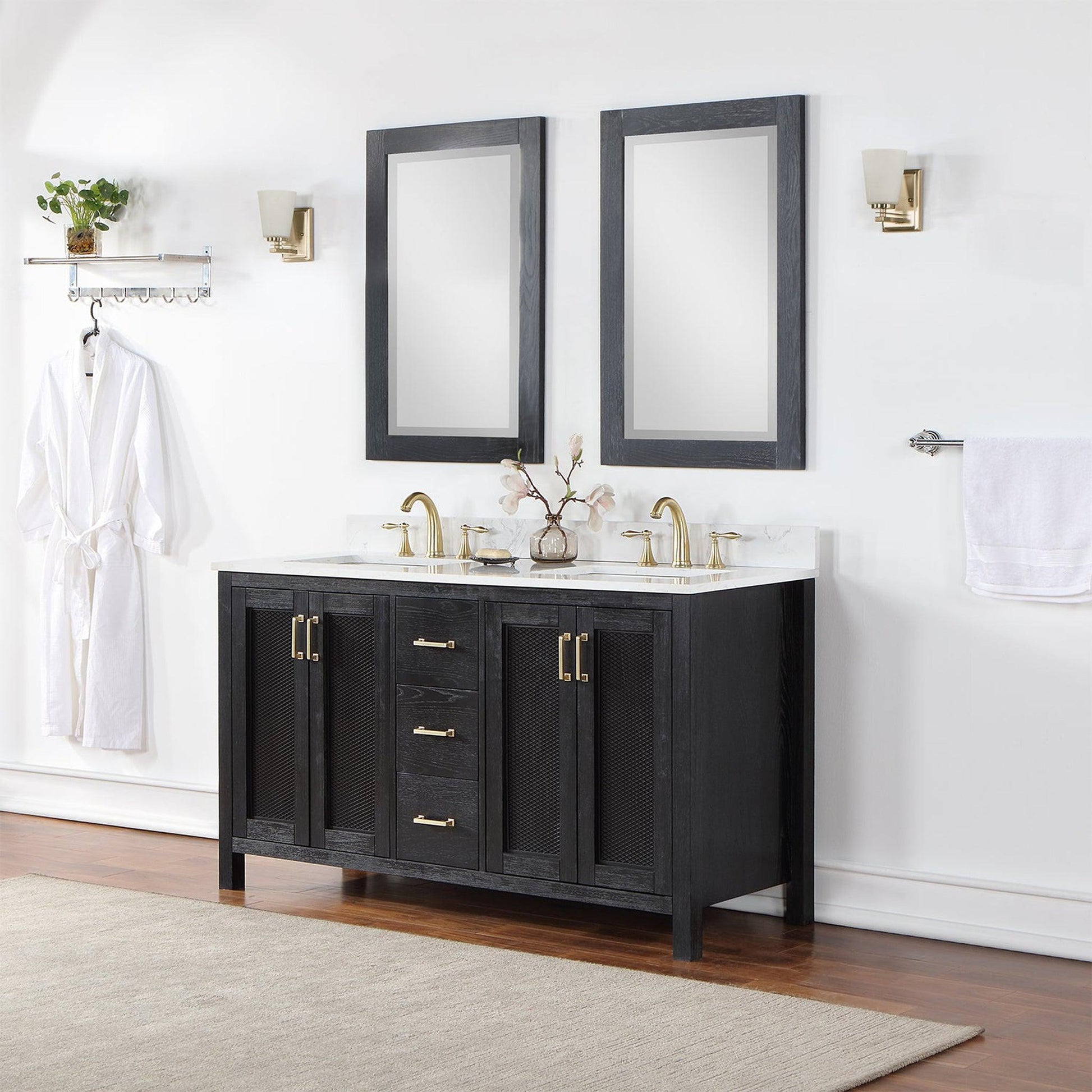 Altair Hadiya 60" Double Black Oak Freestanding Bathroom Vanity Set With Mirror, Elegant Aosta White Composite Stone Top, Two Rectangular Undermount Ceramic Sinks, Overflow, and Backsplash