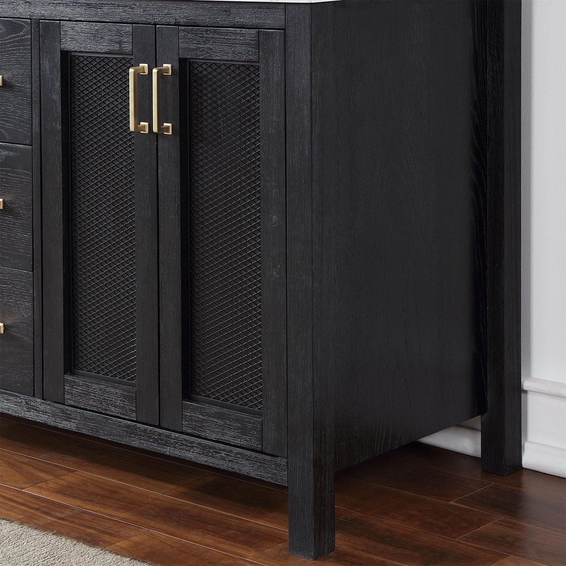 Altair Hadiya 60" Double Black Oak Freestanding Bathroom Vanity Set With Mirror, Elegant Aosta White Composite Stone Top, Two Rectangular Undermount Ceramic Sinks, Overflow, and Backsplash