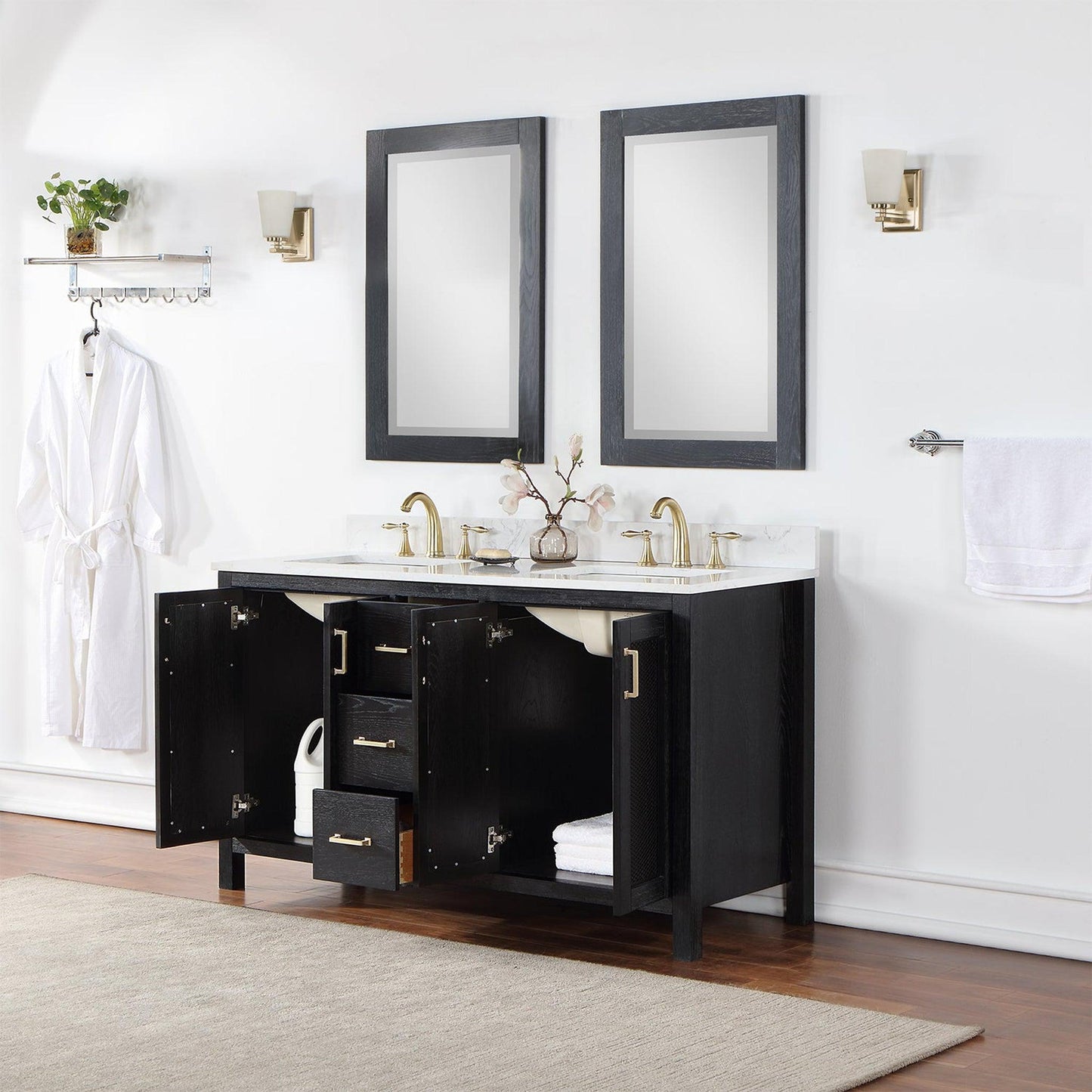 Altair Hadiya 60" Double Black Oak Freestanding Bathroom Vanity Set With Mirror, Elegant Aosta White Composite Stone Top, Two Rectangular Undermount Ceramic Sinks, Overflow, and Backsplash