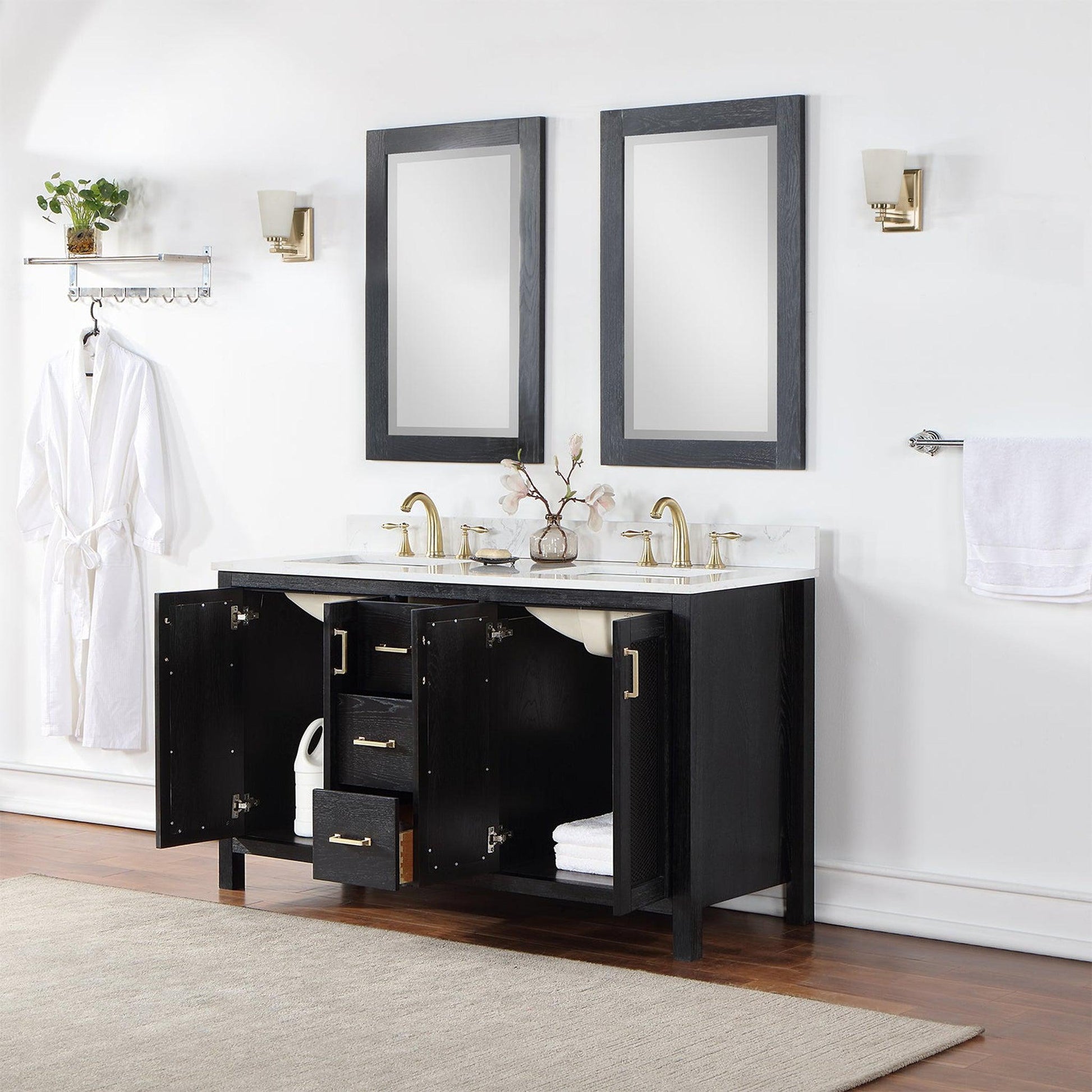 Altair Hadiya 60" Double Black Oak Freestanding Bathroom Vanity Set With Mirror, Elegant Aosta White Composite Stone Top, Two Rectangular Undermount Ceramic Sinks, Overflow, and Backsplash