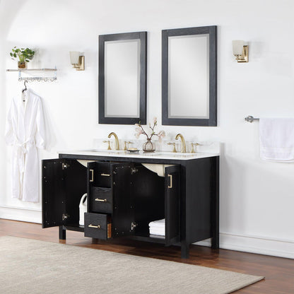 Altair Hadiya 60" Double Black Oak Freestanding Bathroom Vanity Set With Mirror, Elegant Aosta White Composite Stone Top, Two Rectangular Undermount Ceramic Sinks, Overflow, and Backsplash
