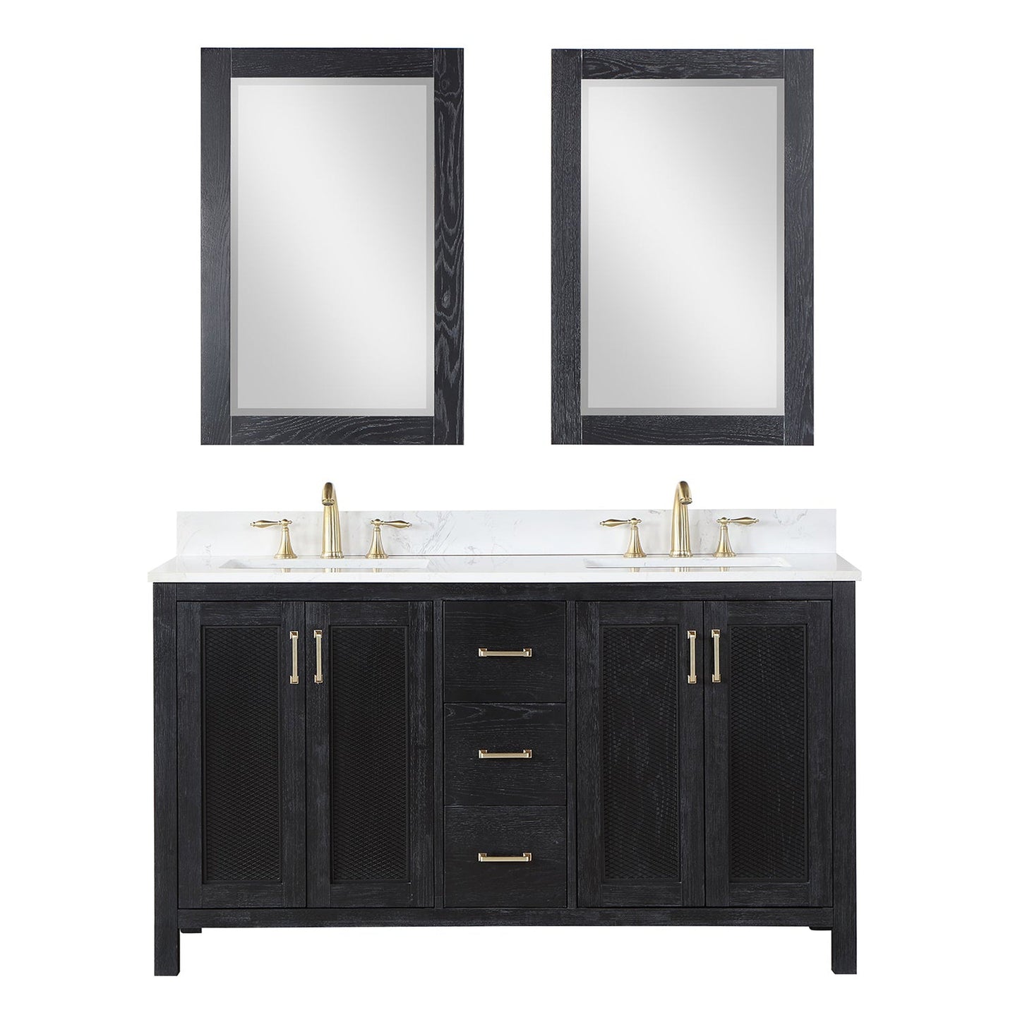 Altair Hadiya 60" Double Black Oak Freestanding Bathroom Vanity Set With Mirror, Elegant Aosta White Composite Stone Top, Two Rectangular Undermount Ceramic Sinks, Overflow, and Backsplash