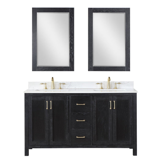 Altair Hadiya 60" Double Black Oak Freestanding Bathroom Vanity Set With Mirror, Elegant Aosta White Composite Stone Top, Two Rectangular Undermount Ceramic Sinks, Overflow, and Backsplash