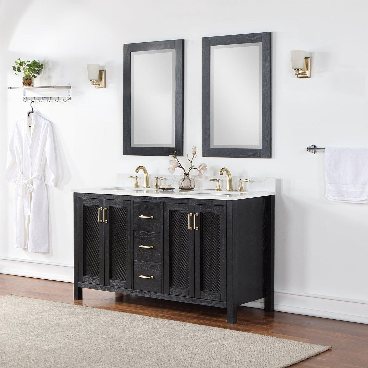 Altair Hadiya 60" Double Black Oak Freestanding Bathroom Vanity Set With Mirror, Elegant Aosta White Composite Stone Top, Two Rectangular Undermount Ceramic Sinks, Overflow, and Backsplash