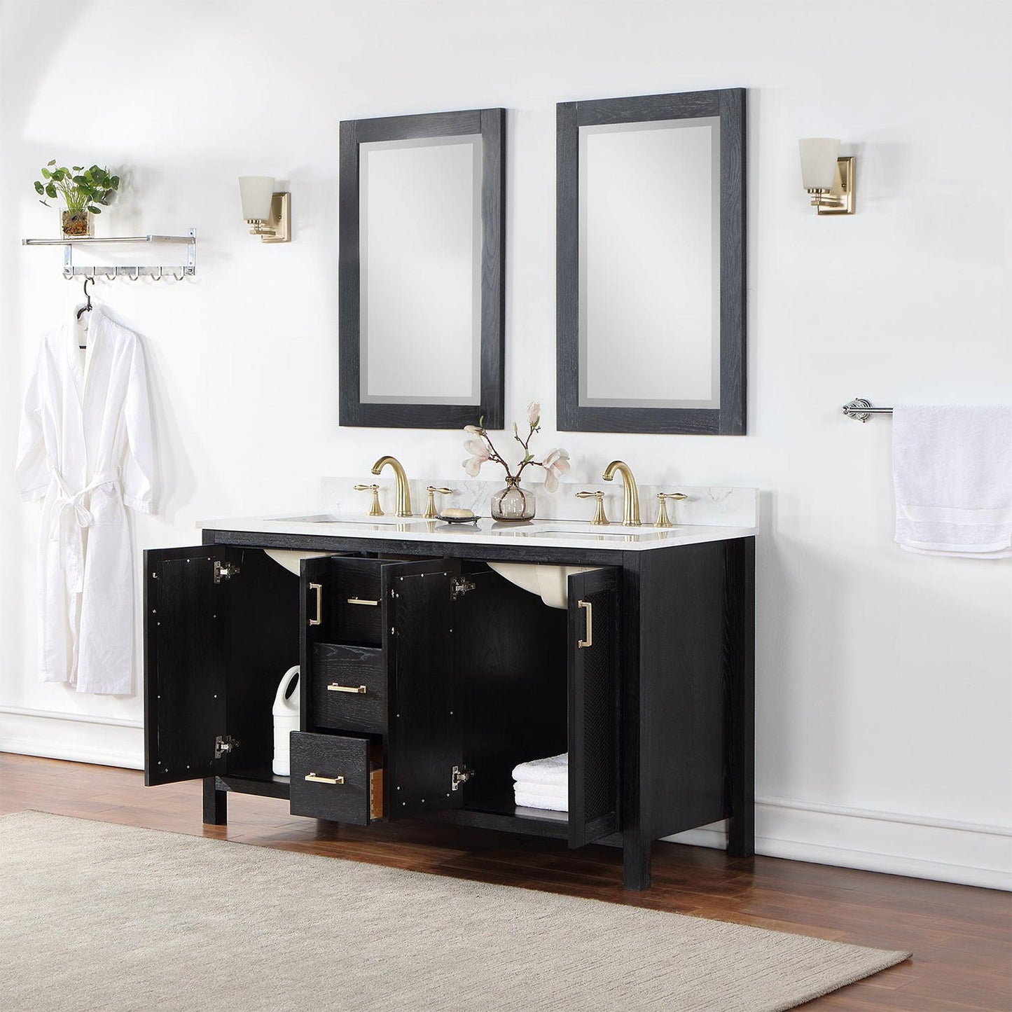 Altair Hadiya 60" Double Black Oak Freestanding Bathroom Vanity Set With Mirror, Elegant Aosta White Composite Stone Top, Two Rectangular Undermount Ceramic Sinks, Overflow, and Backsplash