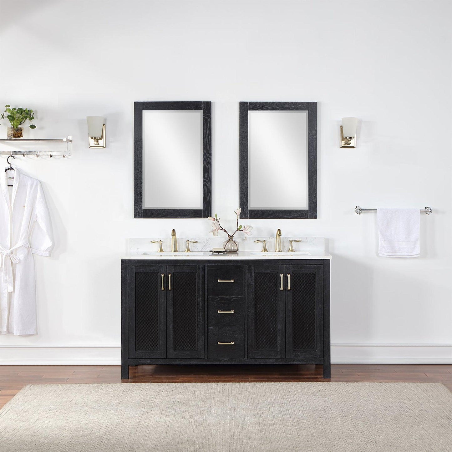 Altair Hadiya 60" Double Black Oak Freestanding Bathroom Vanity Set With Mirror, Elegant Aosta White Composite Stone Top, Two Rectangular Undermount Ceramic Sinks, Overflow, and Backsplash