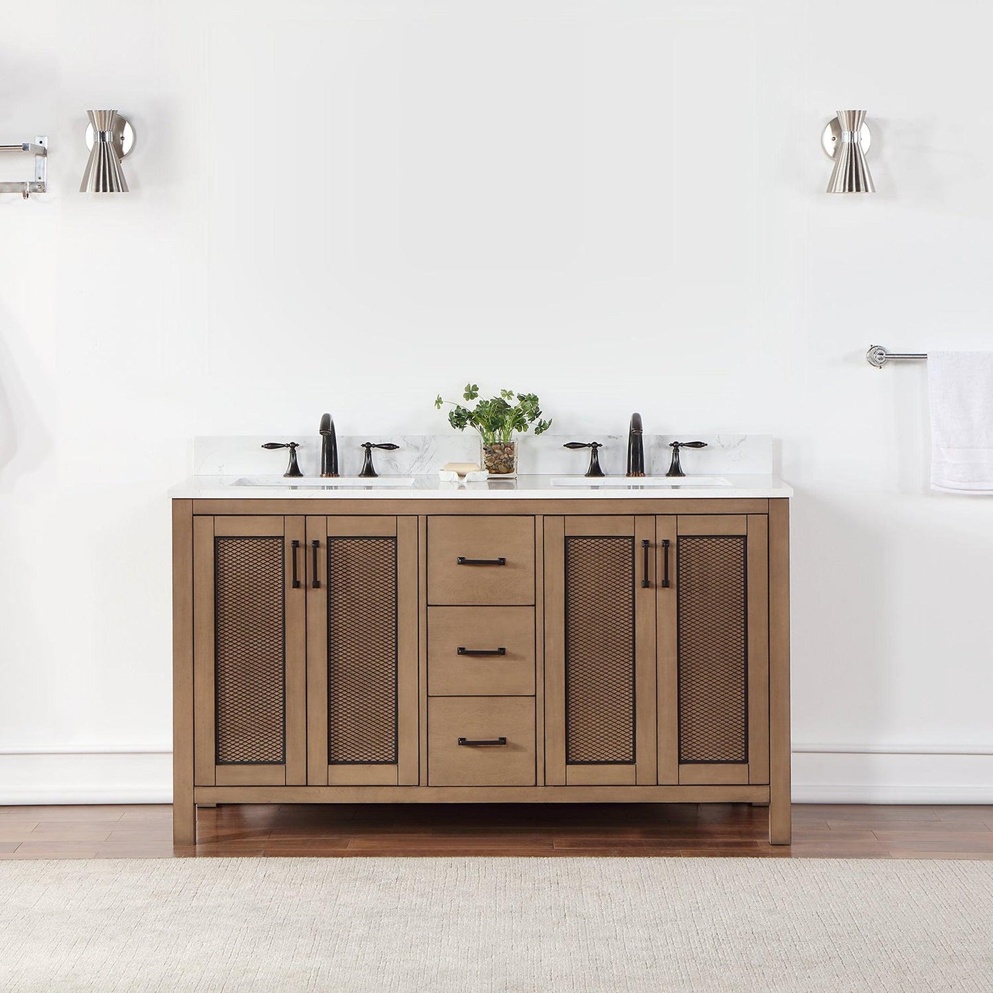 Altair Hadiya 60" Double Brown Pine Freestanding Bathroom Vanity Set With Elegant Aosta White Composite Stone Top, Two Rectangular Undermount Ceramic Sinks, Overflow, and Backsplash