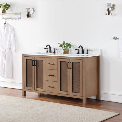 Altair Hadiya 60" Double Brown Pine Freestanding Bathroom Vanity Set With Elegant Aosta White Composite Stone Top, Two Rectangular Undermount Ceramic Sinks, Overflow, and Backsplash