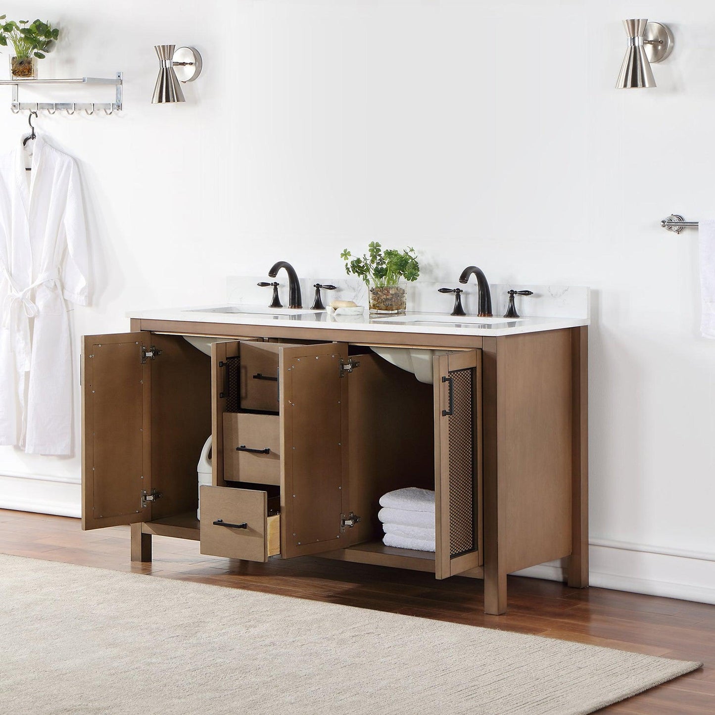 Altair Hadiya 60" Double Brown Pine Freestanding Bathroom Vanity Set With Elegant Aosta White Composite Stone Top, Two Rectangular Undermount Ceramic Sinks, Overflow, and Backsplash