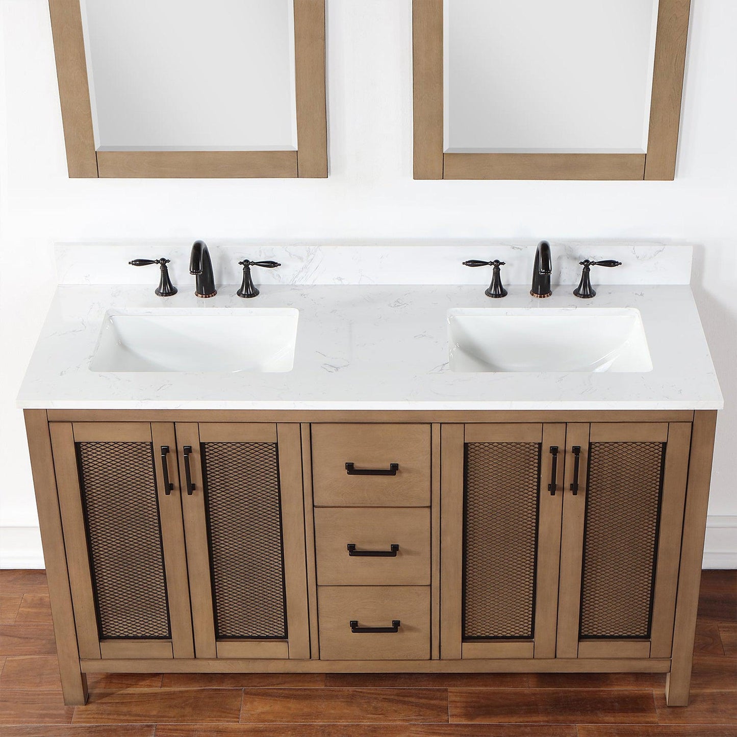 Altair Hadiya 60" Double Brown Pine Freestanding Bathroom Vanity Set With Mirror, Elegant Aosta White Composite Stone Top, Two Rectangular Undermount Ceramic Sinks, Overflow, and Backsplash