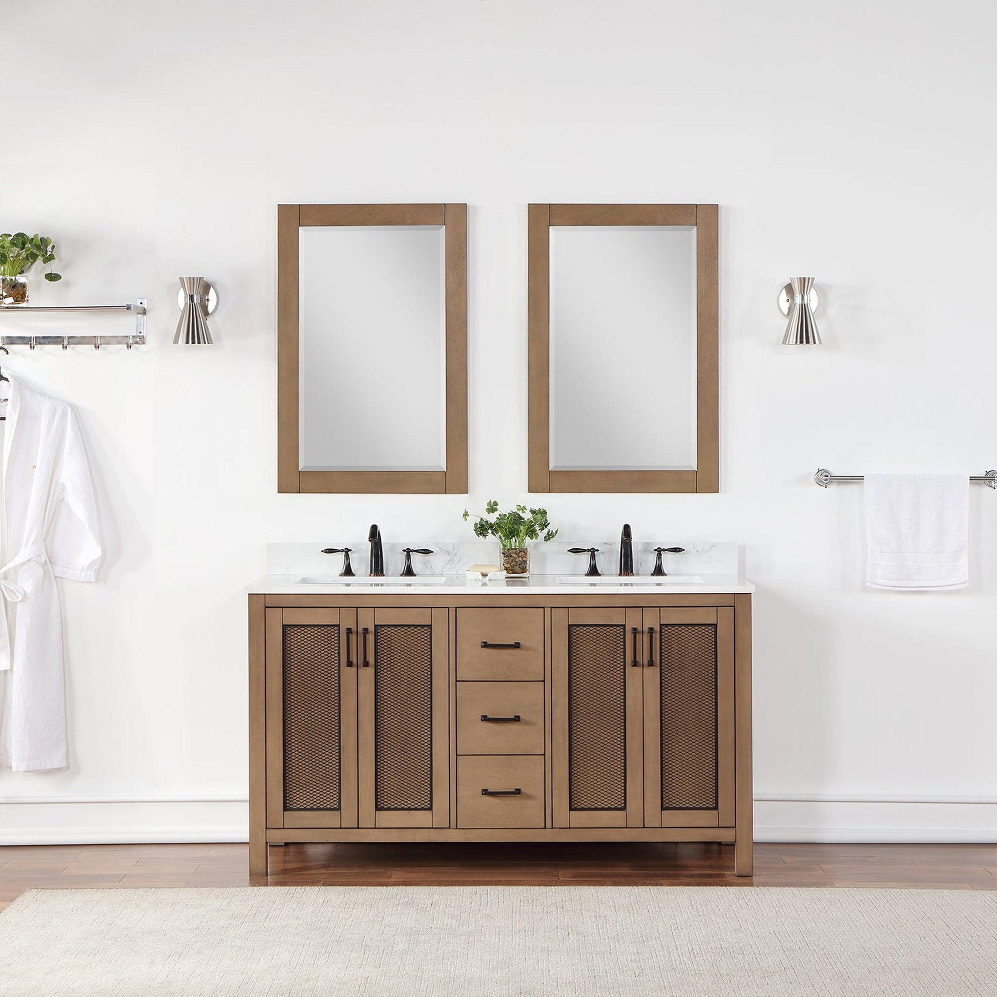 Altair Hadiya 60" Double Brown Pine Freestanding Bathroom Vanity Set With Mirror, Elegant Aosta White Composite Stone Top, Two Rectangular Undermount Ceramic Sinks, Overflow, and Backsplash