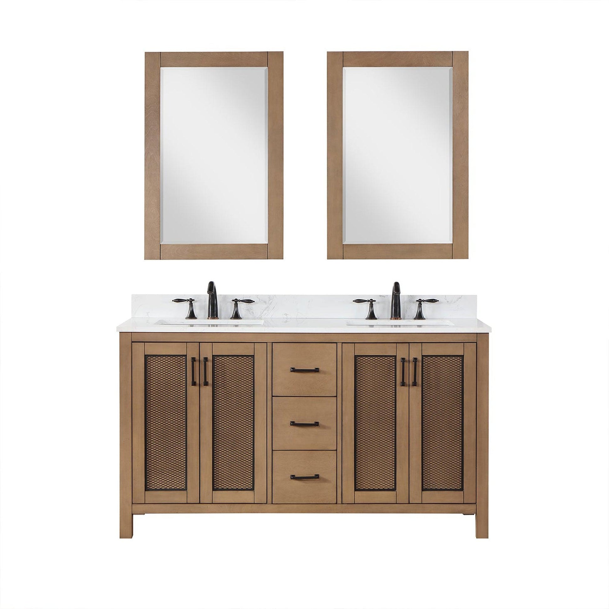 Altair Hadiya 60" Double Brown Pine Freestanding Bathroom Vanity Set With Mirror, Elegant Aosta White Composite Stone Top, Two Rectangular Undermount Ceramic Sinks, Overflow, and Backsplash