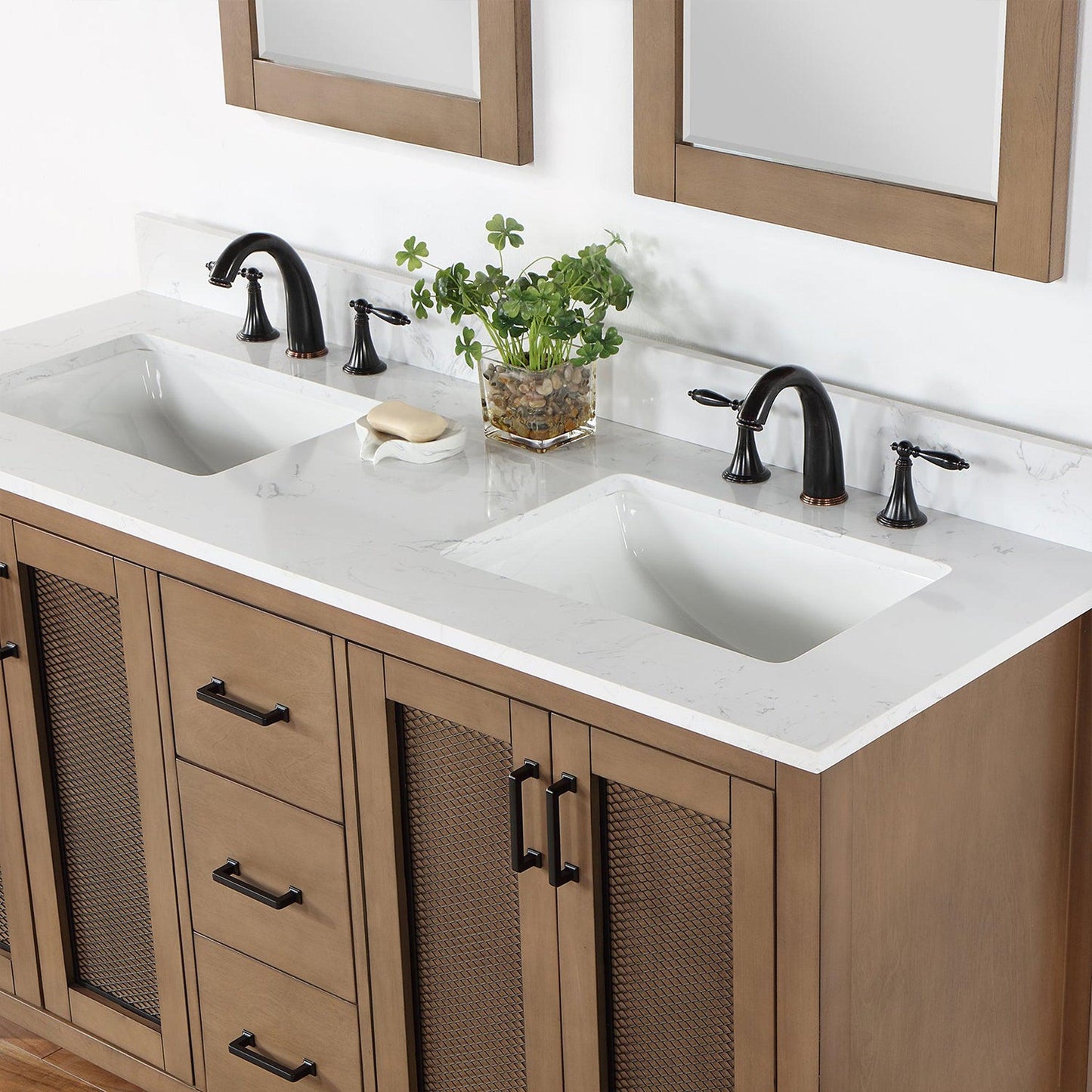 Altair Hadiya 60" Double Brown Pine Freestanding Bathroom Vanity Set With Mirror, Elegant Aosta White Composite Stone Top, Two Rectangular Undermount Ceramic Sinks, Overflow, and Backsplash