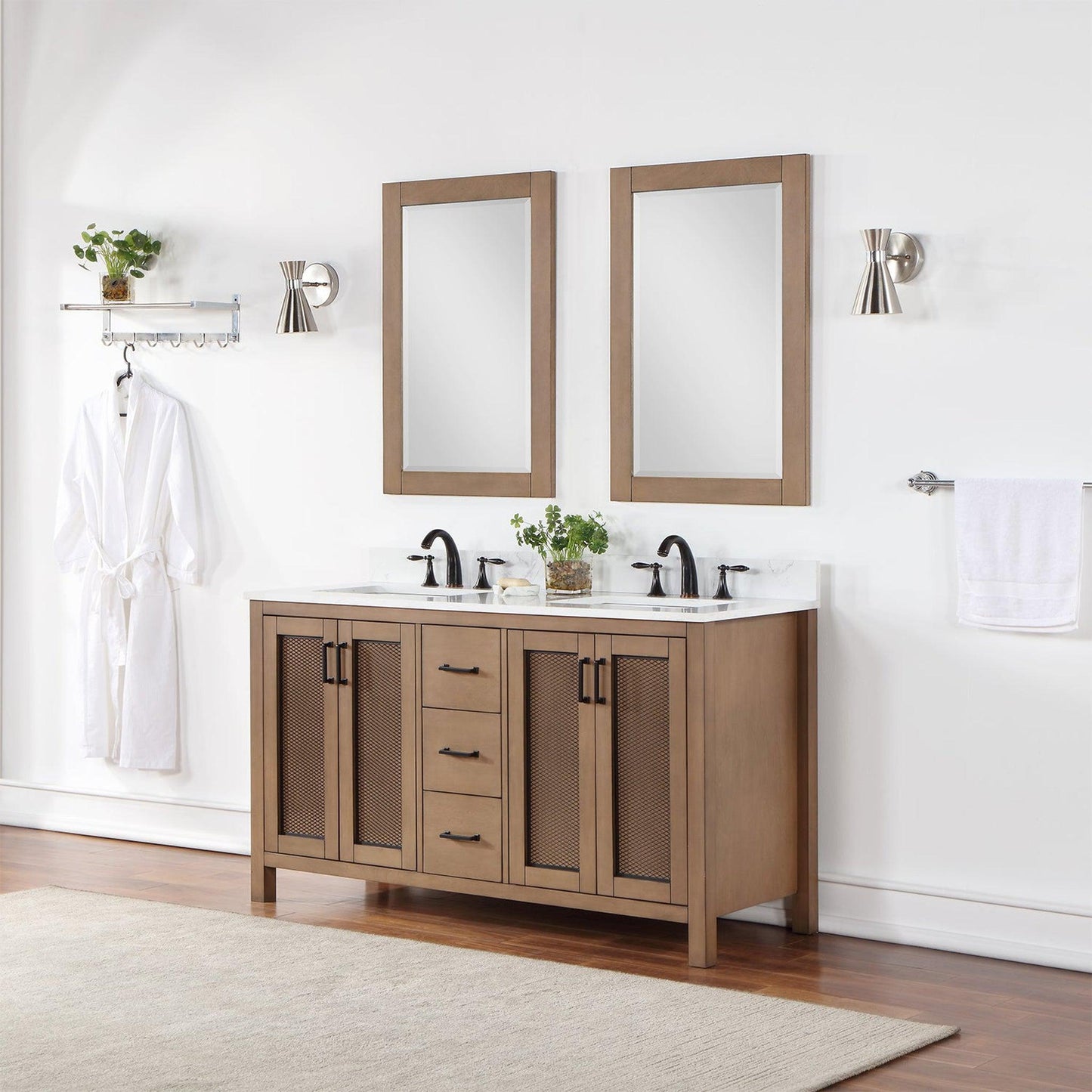 Altair Hadiya 60" Double Brown Pine Freestanding Bathroom Vanity Set With Mirror, Elegant Aosta White Composite Stone Top, Two Rectangular Undermount Ceramic Sinks, Overflow, and Backsplash
