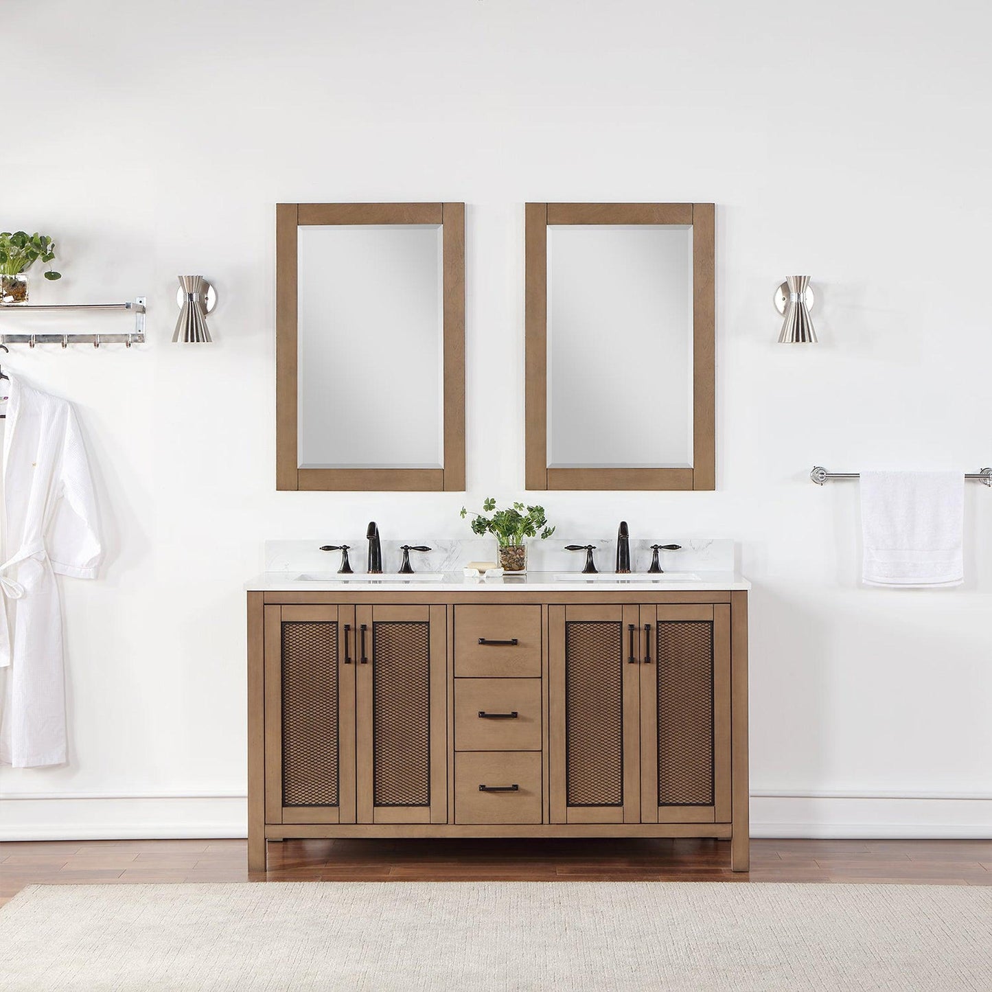 Altair Hadiya 60" Double Brown Pine Freestanding Bathroom Vanity Set With Mirror, Elegant Aosta White Composite Stone Top, Two Rectangular Undermount Ceramic Sinks, Overflow, and Backsplash