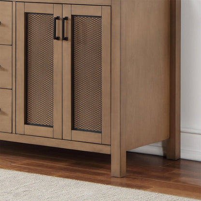 Altair Hadiya 60" Double Brown Pine Freestanding Bathroom Vanity Set With Mirror, Elegant Aosta White Composite Stone Top, Two Rectangular Undermount Ceramic Sinks, Overflow, and Backsplash