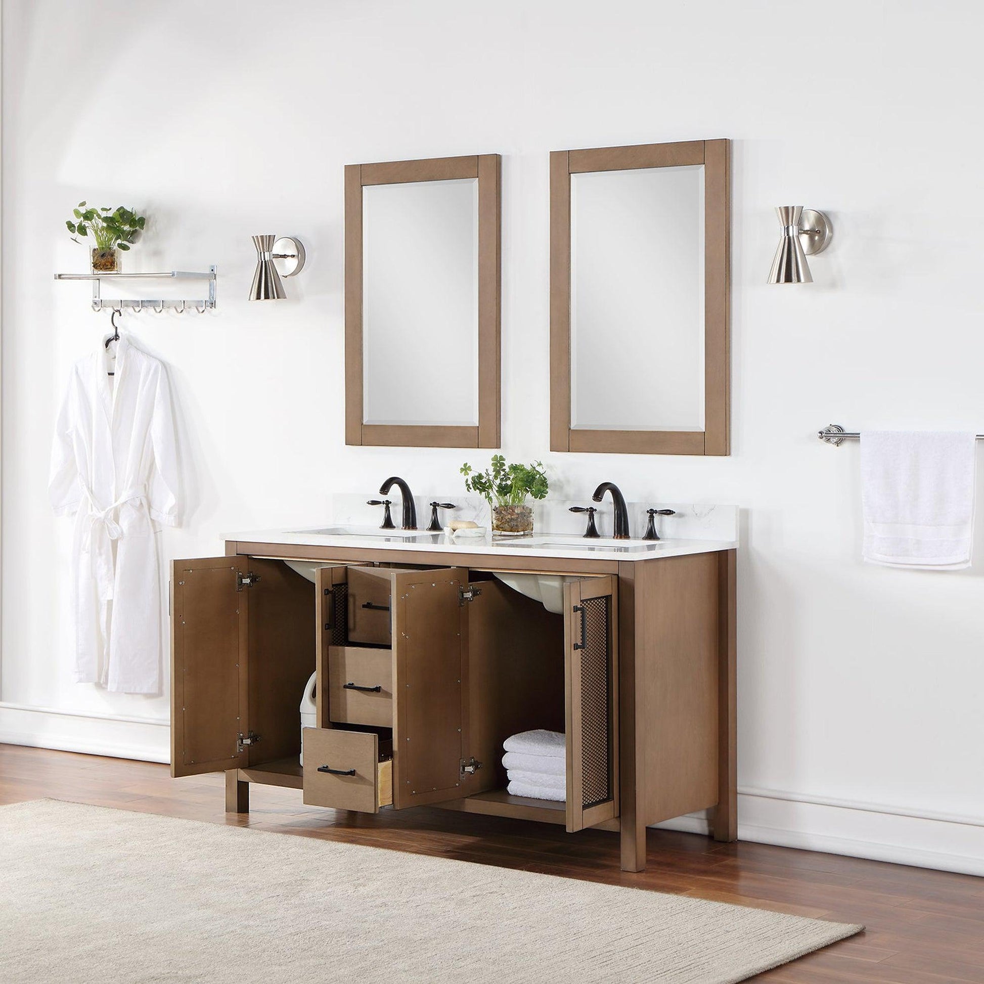 Altair Hadiya 60" Double Brown Pine Freestanding Bathroom Vanity Set With Mirror, Elegant Aosta White Composite Stone Top, Two Rectangular Undermount Ceramic Sinks, Overflow, and Backsplash