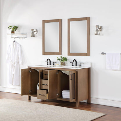 Altair Hadiya 60" Double Brown Pine Freestanding Bathroom Vanity Set With Mirror, Elegant Aosta White Composite Stone Top, Two Rectangular Undermount Ceramic Sinks, Overflow, and Backsplash