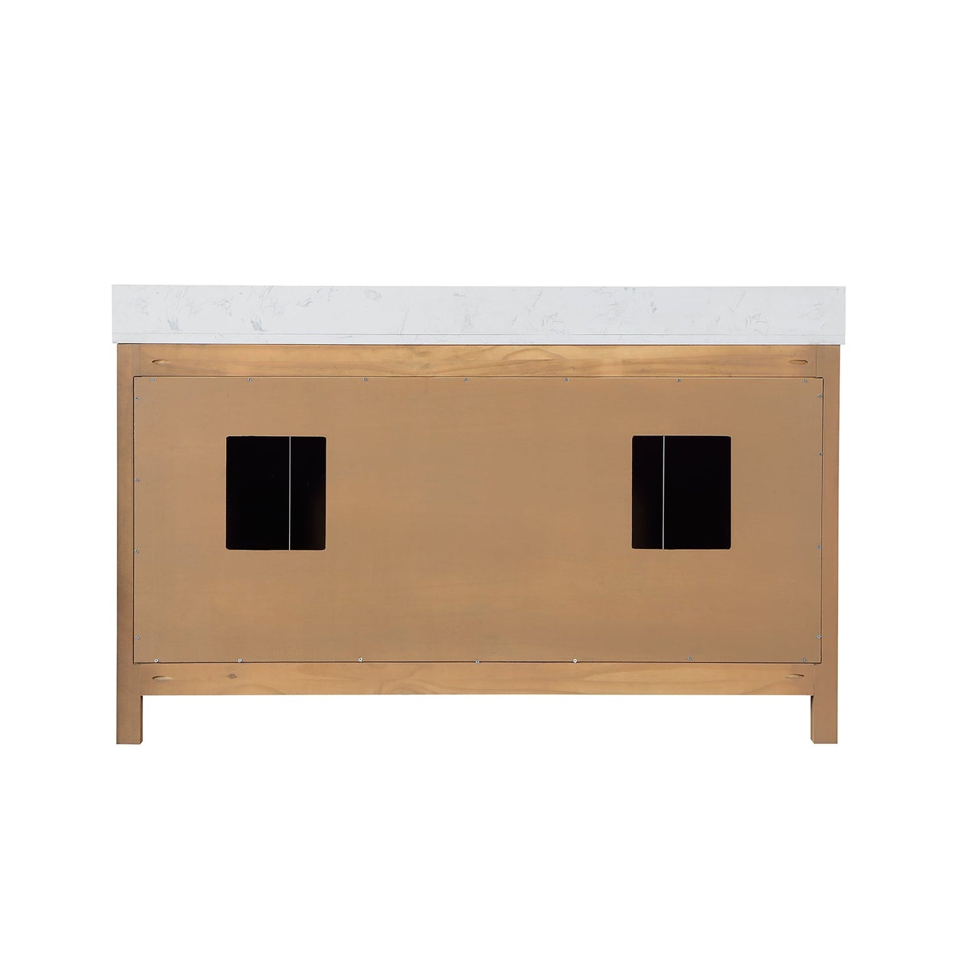 Altair Hadiya 60" Double Brown Pine Freestanding Bathroom Vanity Set With Mirror, Elegant Aosta White Composite Stone Top, Two Rectangular Undermount Ceramic Sinks, Overflow, and Backsplash