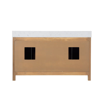 Altair Hadiya 60" Double Brown Pine Freestanding Bathroom Vanity Set With Mirror, Elegant Aosta White Composite Stone Top, Two Rectangular Undermount Ceramic Sinks, Overflow, and Backsplash