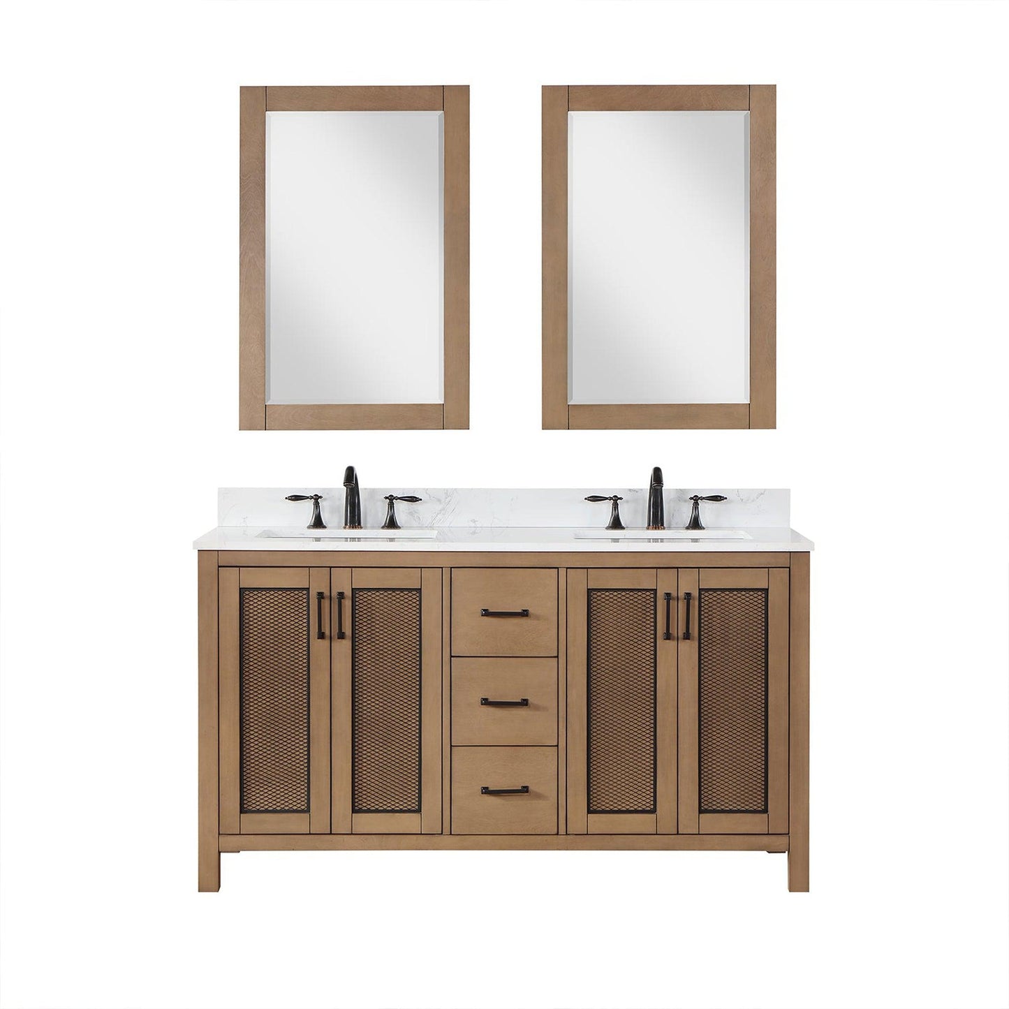 Altair Hadiya 60" Double Brown Pine Freestanding Bathroom Vanity Set With Mirror, Elegant Aosta White Composite Stone Top, Two Rectangular Undermount Ceramic Sinks, Overflow, and Backsplash