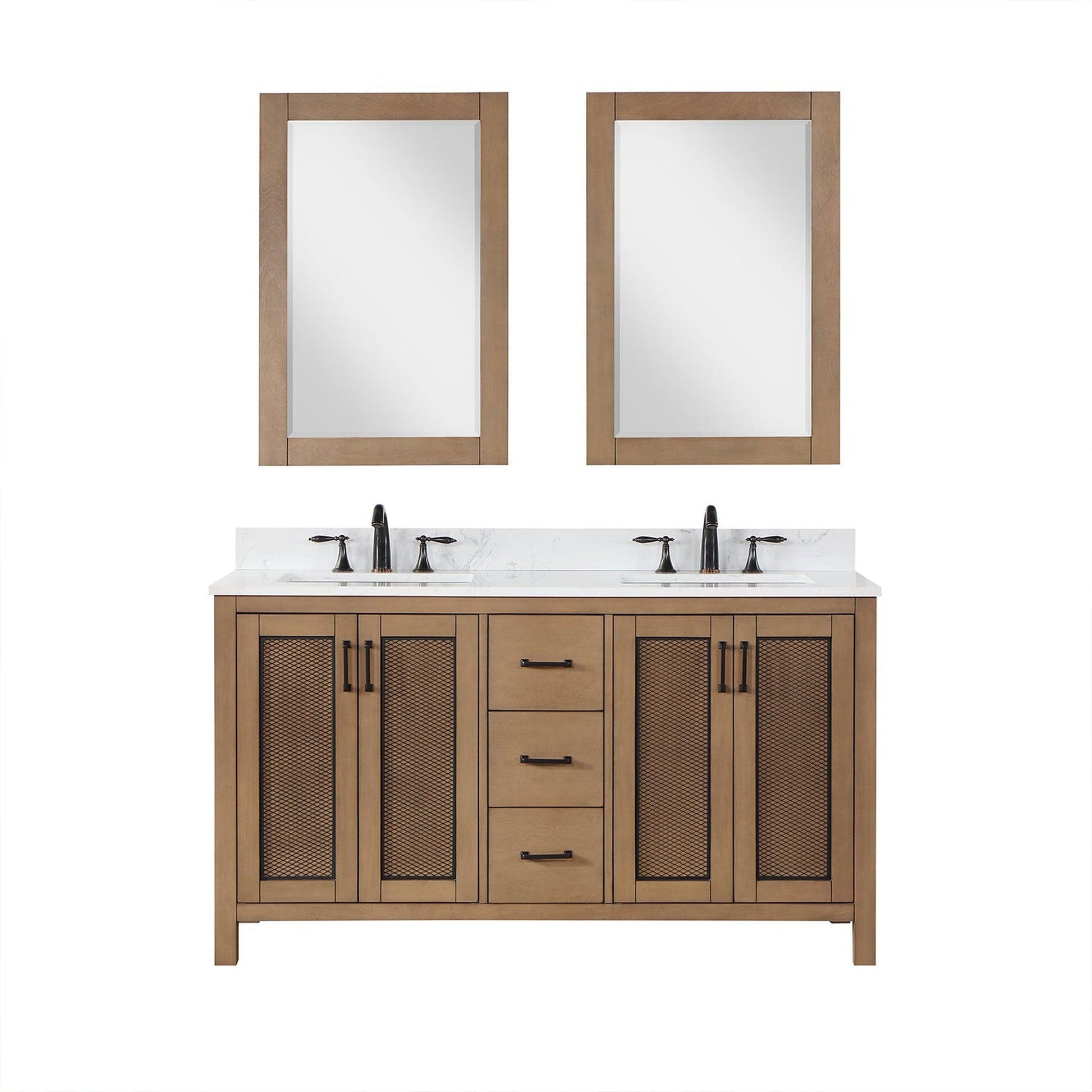 Altair Hadiya 60" Double Brown Pine Freestanding Bathroom Vanity Set With Mirror, Elegant Aosta White Composite Stone Top, Two Rectangular Undermount Ceramic Sinks, Overflow, and Backsplash