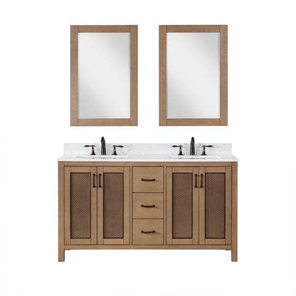Altair Hadiya 60" Double Brown Pine Freestanding Bathroom Vanity Set With Mirror, Elegant Aosta White Composite Stone Top, Two Rectangular Undermount Ceramic Sinks, Overflow, and Backsplash