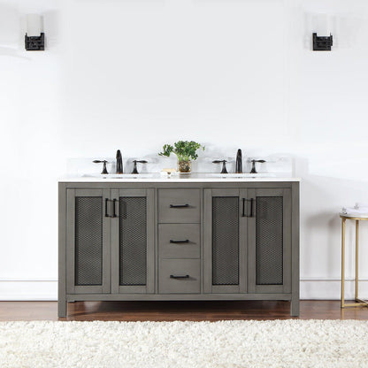 Altair Hadiya 60" Double Gray Pine Freestanding Bathroom Vanity Set With Elegant Aosta White Composite Stone Top, Two Rectangular Undermount Ceramic Sinks, Overflow, and Backsplash