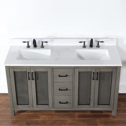 Altair Hadiya 60" Double Gray Pine Freestanding Bathroom Vanity Set With Elegant Aosta White Composite Stone Top, Two Rectangular Undermount Ceramic Sinks, Overflow, and Backsplash