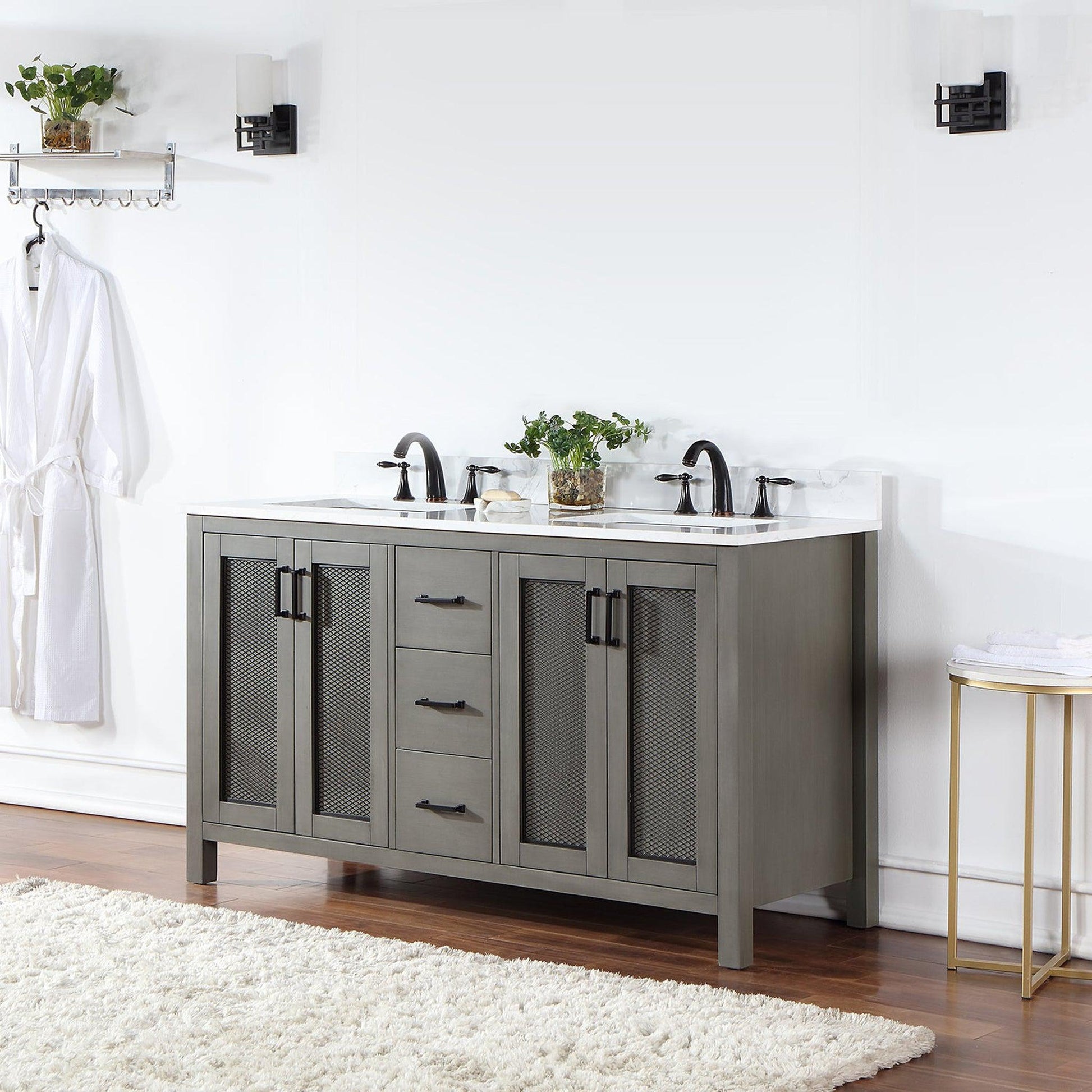 Altair Hadiya 60" Double Gray Pine Freestanding Bathroom Vanity Set With Elegant Aosta White Composite Stone Top, Two Rectangular Undermount Ceramic Sinks, Overflow, and Backsplash