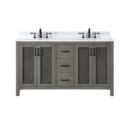 Altair Hadiya 60" Double Gray Pine Freestanding Bathroom Vanity Set With Elegant Aosta White Composite Stone Top, Two Rectangular Undermount Ceramic Sinks, Overflow, and Backsplash