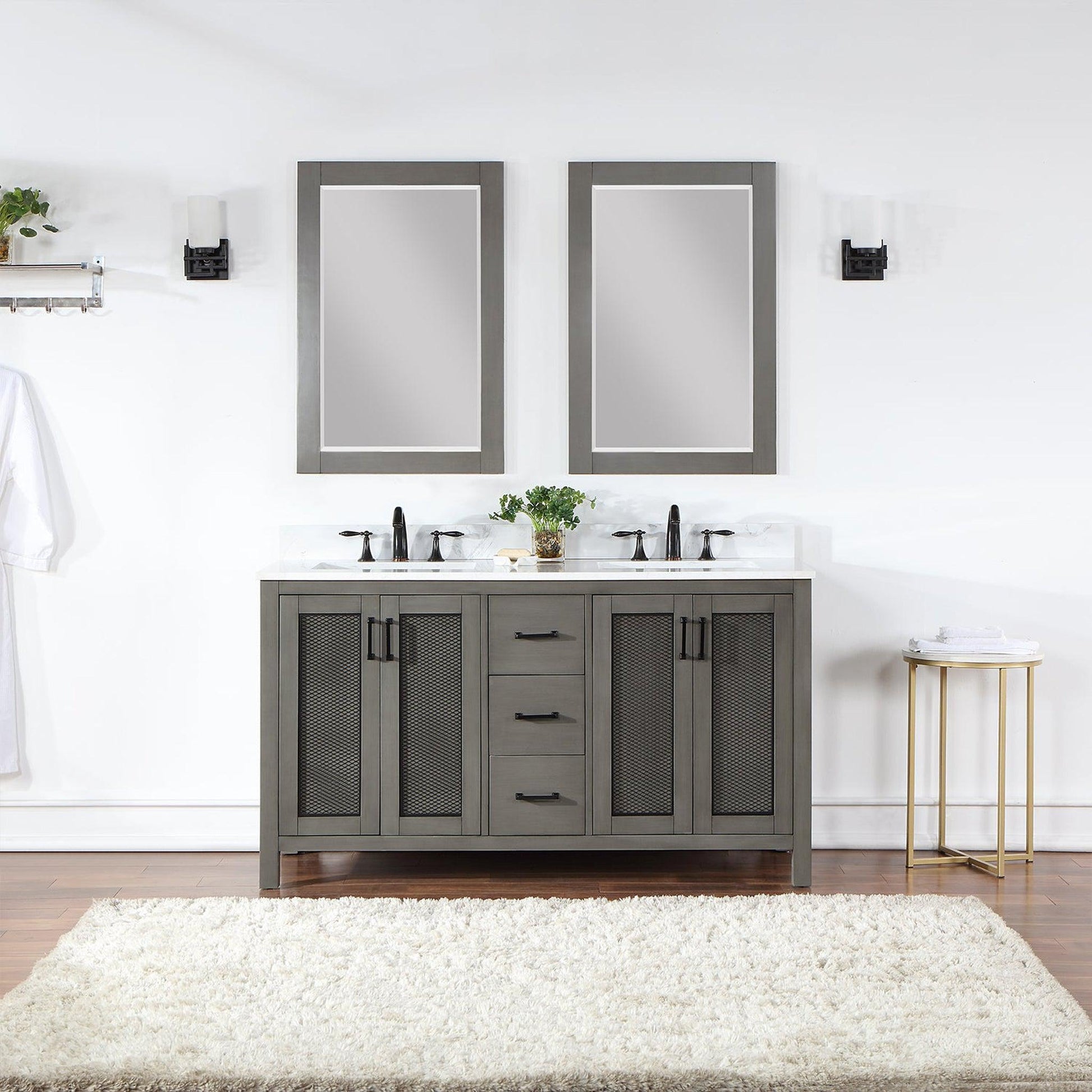 Altair Hadiya 60" Double Gray Pine Freestanding Bathroom Vanity Set With Mirror, Elegant Aosta White Composite Stone Top, Two Rectangular Undermount Ceramic Sinks, Overflow, and Backsplash