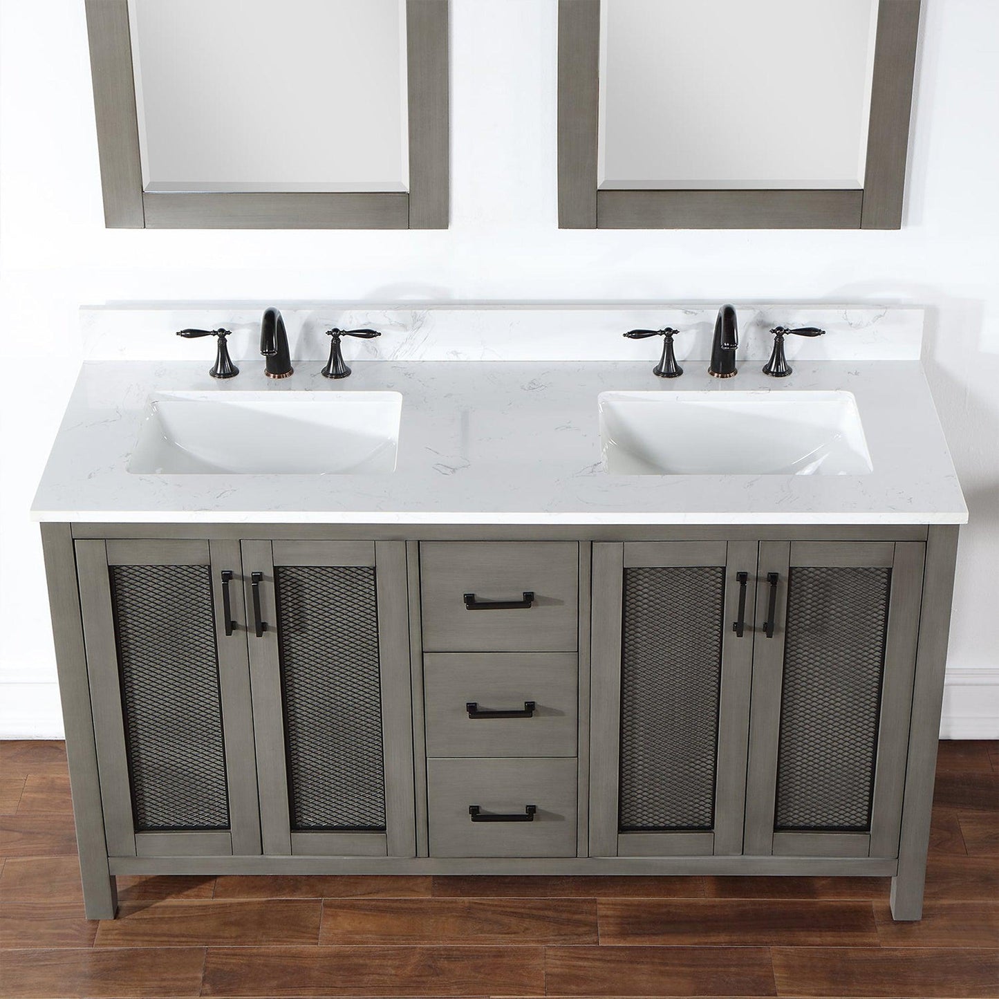 Altair Hadiya 60" Double Gray Pine Freestanding Bathroom Vanity Set With Mirror, Elegant Aosta White Composite Stone Top, Two Rectangular Undermount Ceramic Sinks, Overflow, and Backsplash
