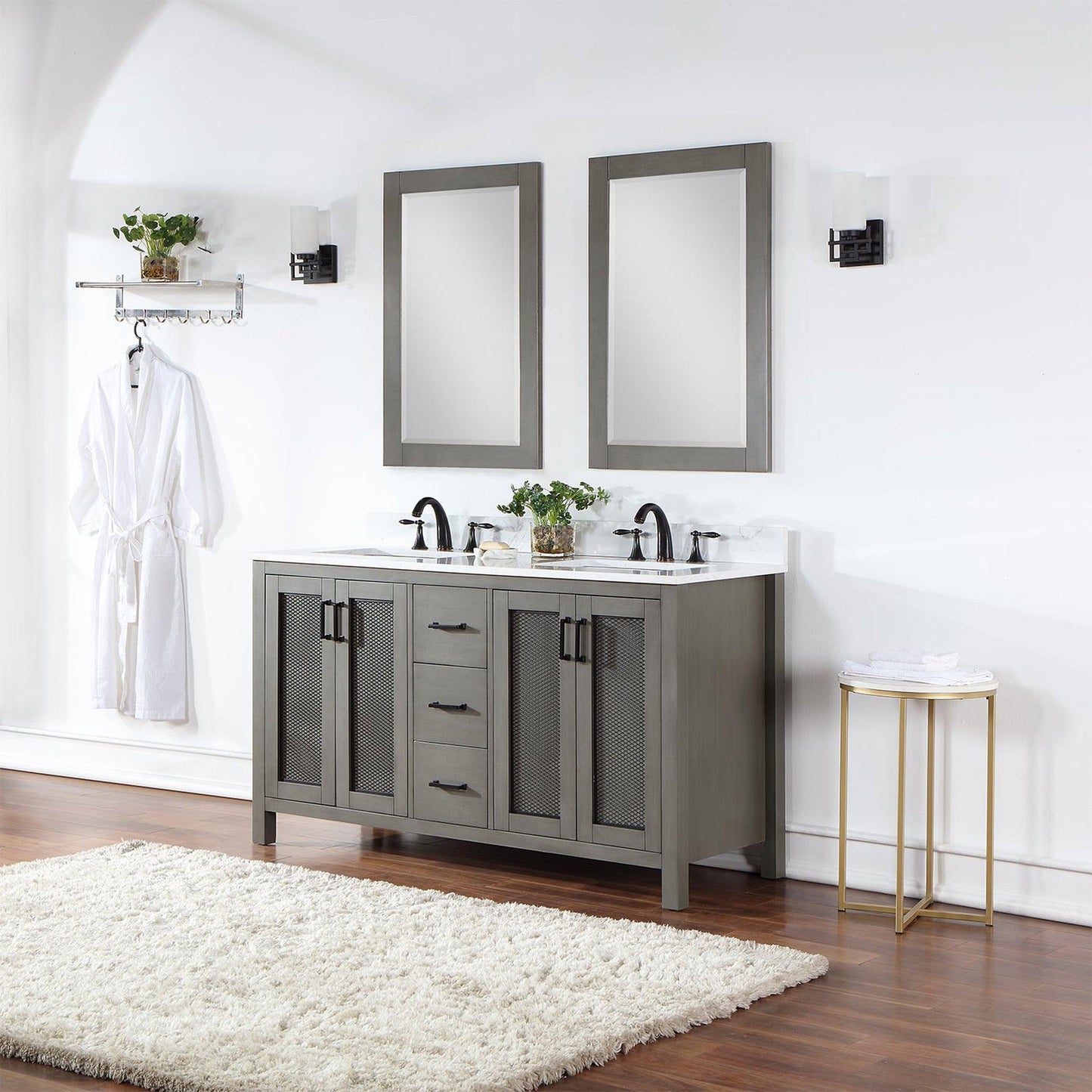 Altair Hadiya 60" Double Gray Pine Freestanding Bathroom Vanity Set With Mirror, Elegant Aosta White Composite Stone Top, Two Rectangular Undermount Ceramic Sinks, Overflow, and Backsplash