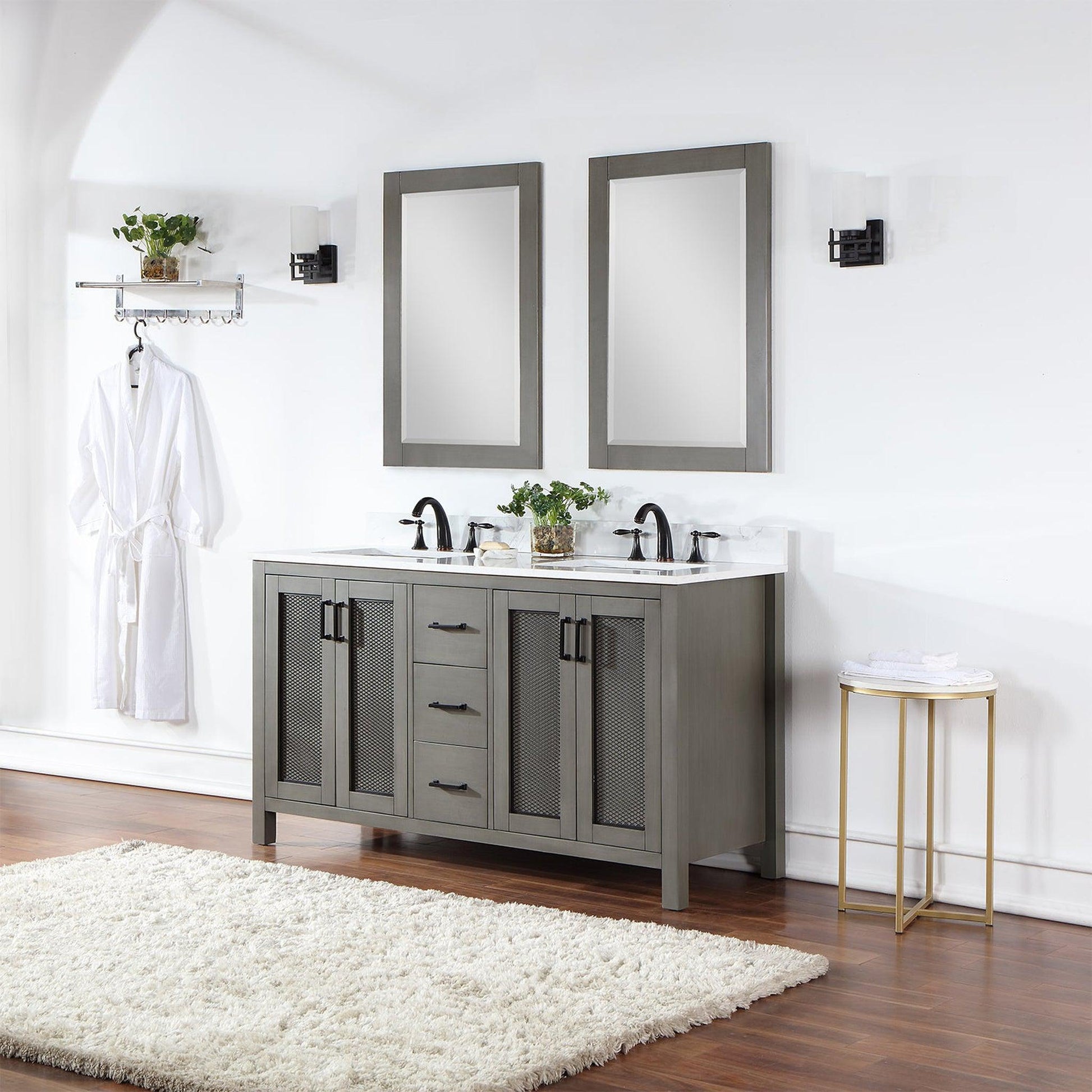 Altair Hadiya 60" Double Gray Pine Freestanding Bathroom Vanity Set With Mirror, Elegant Aosta White Composite Stone Top, Two Rectangular Undermount Ceramic Sinks, Overflow, and Backsplash
