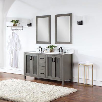 Altair Hadiya 60" Double Gray Pine Freestanding Bathroom Vanity Set With Mirror, Elegant Aosta White Composite Stone Top, Two Rectangular Undermount Ceramic Sinks, Overflow, and Backsplash
