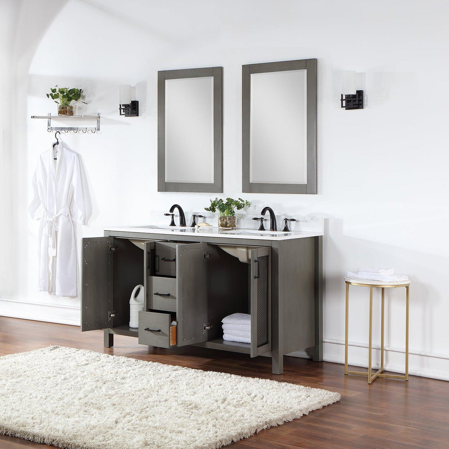 Altair Hadiya 60" Double Gray Pine Freestanding Bathroom Vanity Set With Mirror, Elegant Aosta White Composite Stone Top, Two Rectangular Undermount Ceramic Sinks, Overflow, and Backsplash