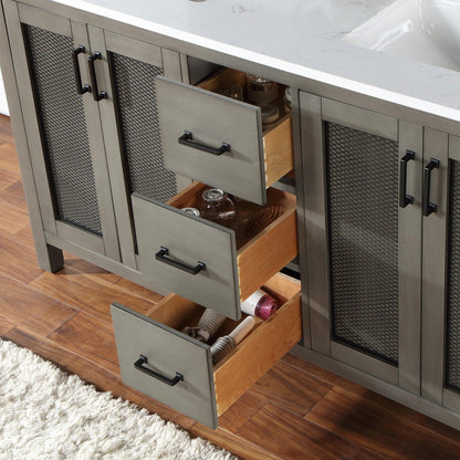 Altair Hadiya 60" Double Gray Pine Freestanding Bathroom Vanity Set With Mirror, Elegant Aosta White Composite Stone Top, Two Rectangular Undermount Ceramic Sinks, Overflow, and Backsplash