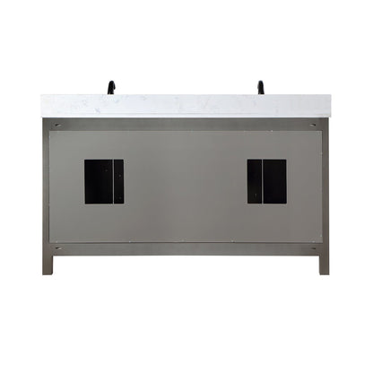 Altair Hadiya 60" Double Gray Pine Freestanding Bathroom Vanity Set With Mirror, Elegant Aosta White Composite Stone Top, Two Rectangular Undermount Ceramic Sinks, Overflow, and Backsplash