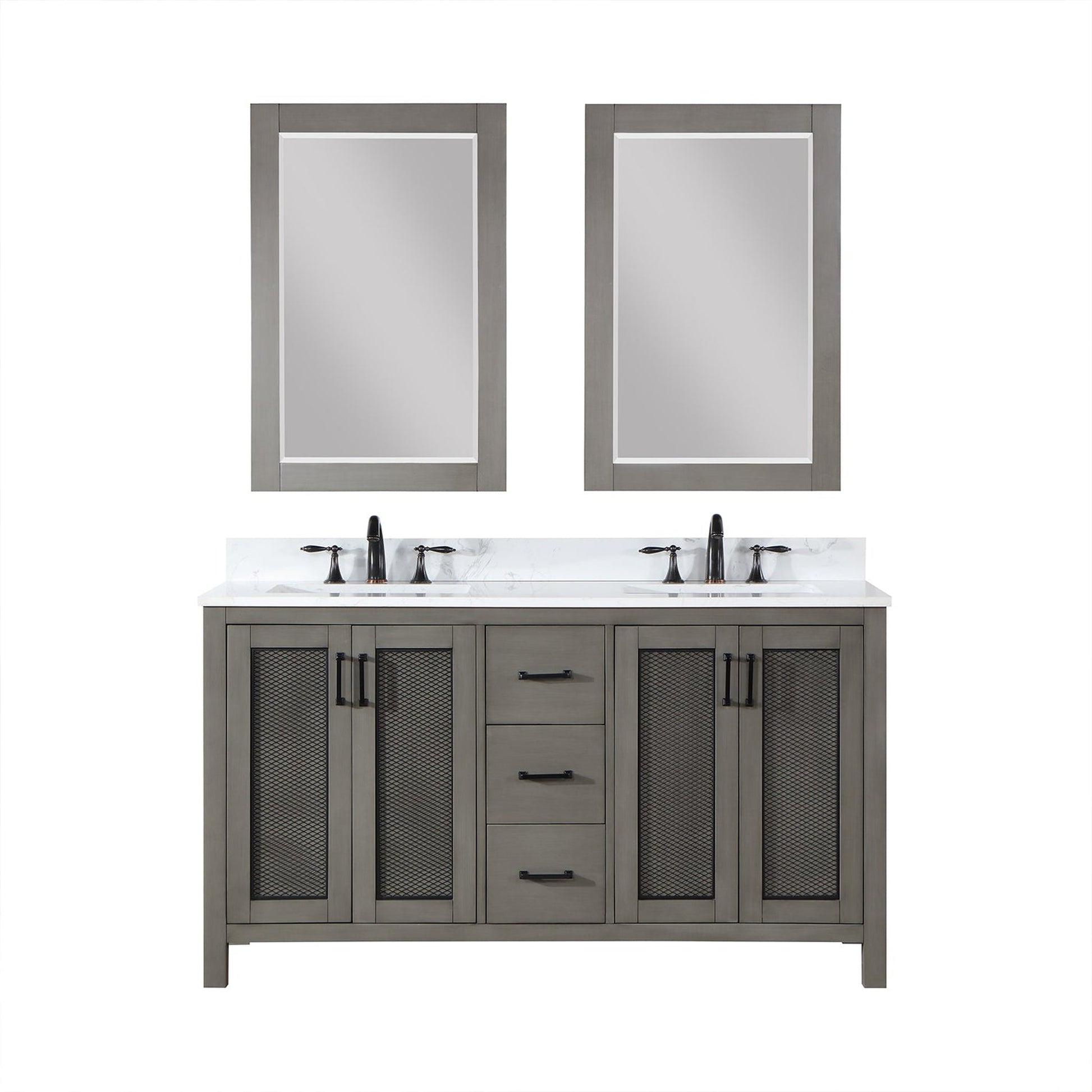 Altair Hadiya 60" Double Gray Pine Freestanding Bathroom Vanity Set With Mirror, Elegant Aosta White Composite Stone Top, Two Rectangular Undermount Ceramic Sinks, Overflow, and Backsplash