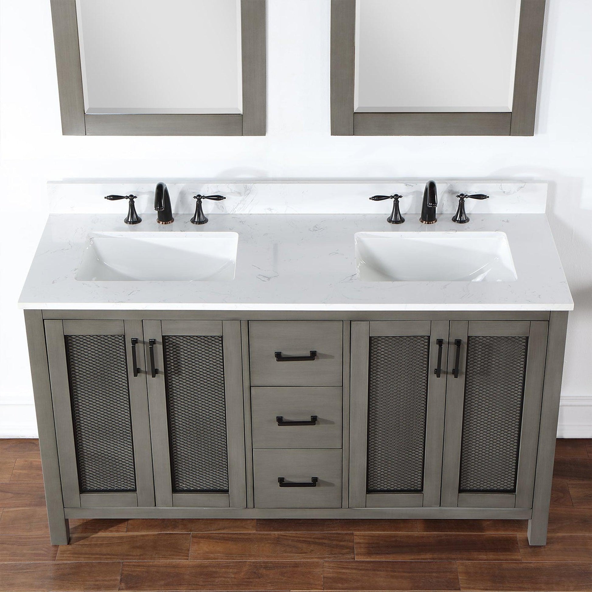 Altair Hadiya 60" Double Gray Pine Freestanding Bathroom Vanity Set With Mirror, Elegant Aosta White Composite Stone Top, Two Rectangular Undermount Ceramic Sinks, Overflow, and Backsplash