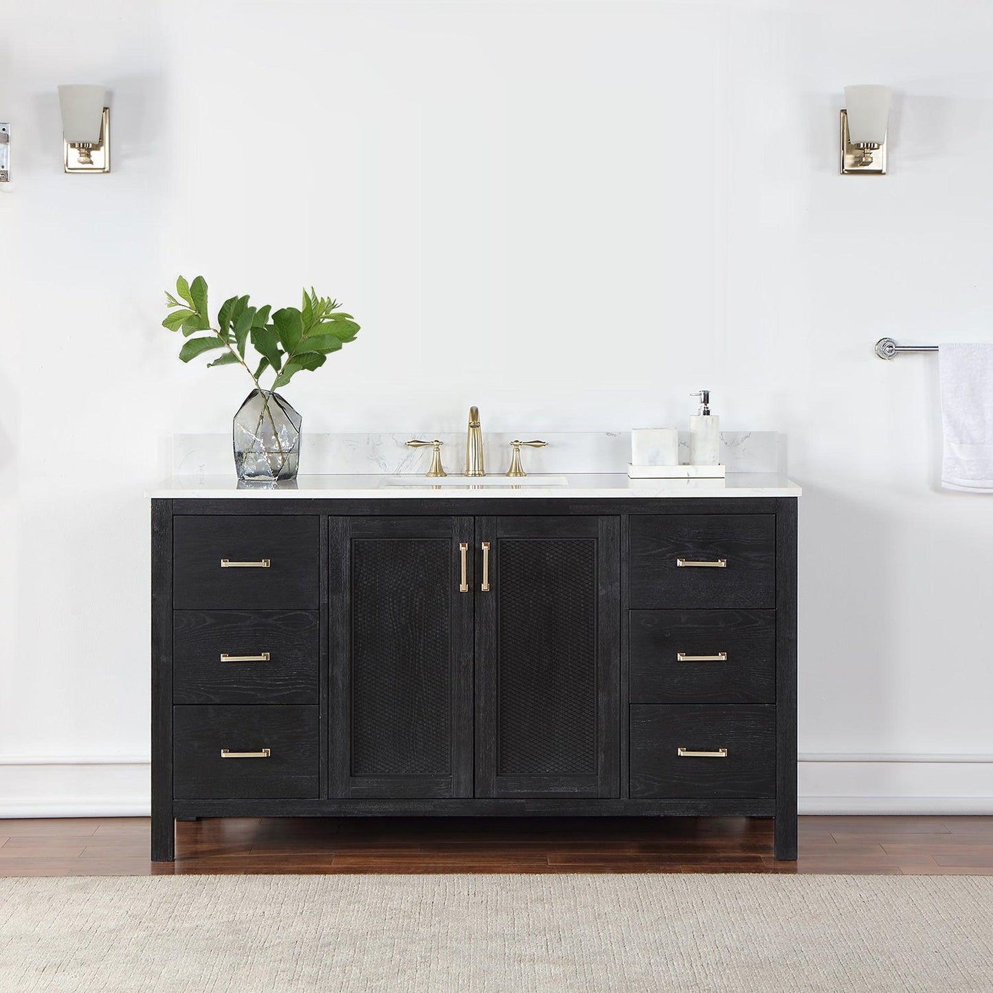 Altair Hadiya 60" Single Black Oak Freestanding Bathroom Vanity Set With Elegant Aosta White Composite Stone Top, Rectangular Undermount Ceramic Sink, Overflow, and Backsplash