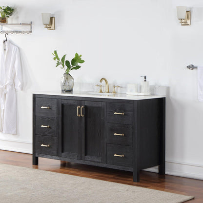 Altair Hadiya 60" Single Black Oak Freestanding Bathroom Vanity Set With Elegant Aosta White Composite Stone Top, Rectangular Undermount Ceramic Sink, Overflow, and Backsplash